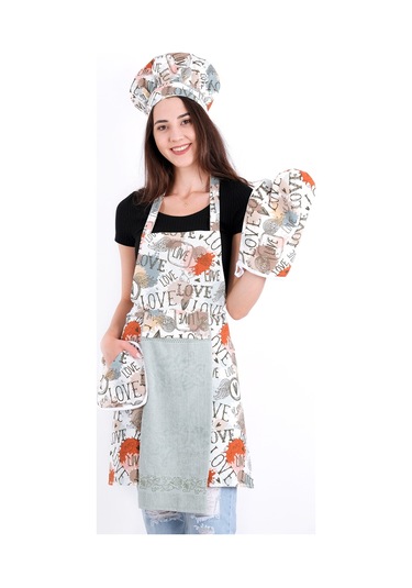 Tulipa 5li Set Şapkalı Mutfak Önlüğü Seti Mutfak Önlüğü Şapka Eldiven Tutacak Turkuaz