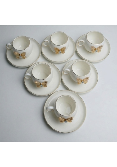 Alfafe Home Kelebek Detaylı 6 Lı Türk Kahvesi Fincan Takımı Gold Porselen Set Şık Çeyiz & Misafir Sunumluk Altın