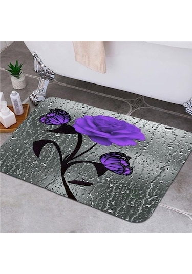 Mor Çiçek Açan Çiçekler Gül Kelebek Duş Perdesi Seti Su Geçirmez Banyo Klozet Kapağı Banyo Kaymaz Mat Halı Halı Banyo Dekor 4 A Mor
