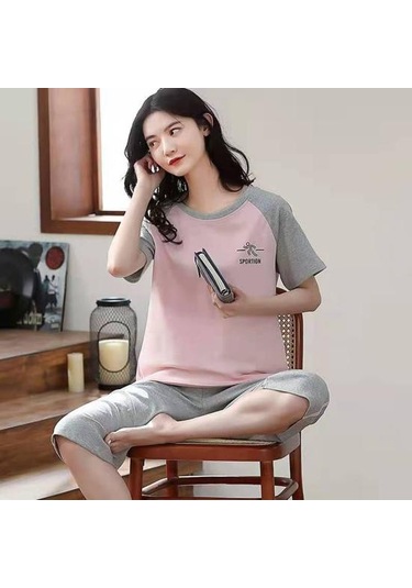 Pembe Salon Pijama O-boyun Uyku Nefes Kızlar Yaz Karikatür Baskı T-shirt Mahsul Pantolon Seti Günlük Giyim Pembe