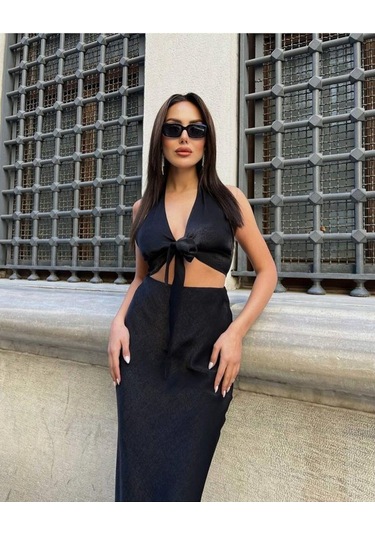 Önden Bağlama Crop Parlak Saten Dizaltı Etek Takım Siyah