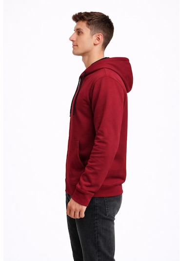 Axxel Erkek Bordo 2 İplik Fermuarlı Kapüşonlu Sweatshirt-w1084 Bordo
