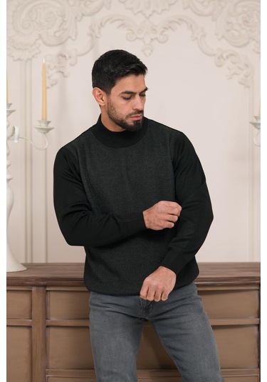 Woolen World Balıkçı Yaka Desenli Yünlü Erkek Triko Kazak Antrasit