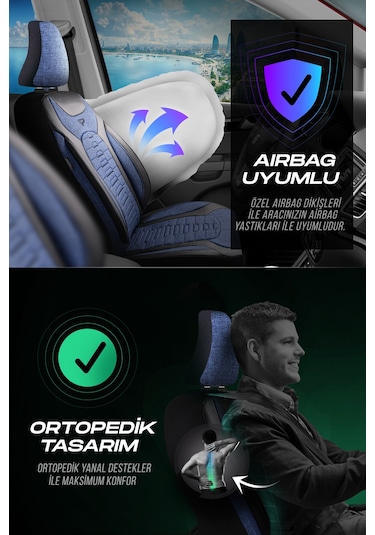 Mavi - Siyah Panda Bakü Serısı Keten Kumaş Oto Koltuk Kılıfı - Tam Set