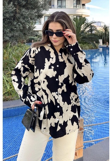 Kadın Siyah Uzun Kol, Arkası Pliseli, Salaş Dökümlü, Viskon Gömlek Siyah