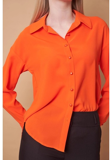 Kadın Yakalı Düşük Omuzlu Uzun Kol Likrasız Kumaş Gömlek-oranj Oranj