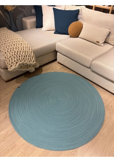 Jüt Yuvarlak Hasır Görünümlü Klasik Halı Kilim Turkuaz