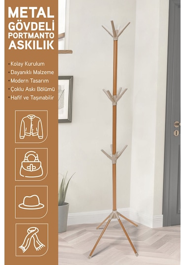 İronika Modern Portatif Elbise Askısı Ayaklı Portmanto Askı Vestiyer Askılık - Kahve Kahverengi