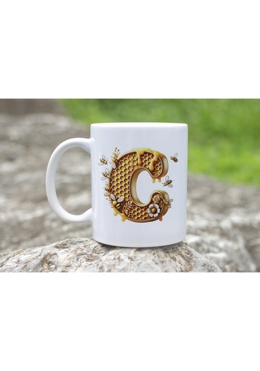 C Harfi Bal Arısı Tasarım Kupa Bardak - Bal Ve Petek Desenli Kişiye Özel Kahve Kupası - Hediyelik Beyaz