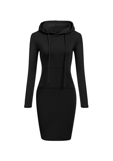Siyah Kadın Modası İnce Kapşonlu Uzun Kollu Katı Kalem Kapüşonlu Elbise Siyah