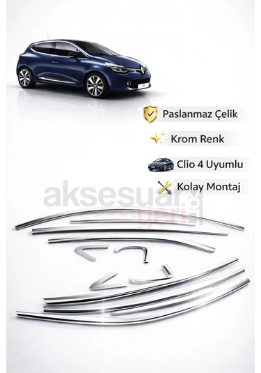 Renault Clio 4 Krom Cam Çıtası Çerçevesi Tam Tur Paslanmaz Çelik