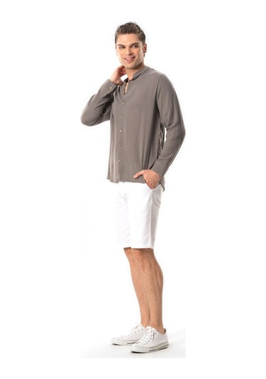 Uzun Kol Hakim Yaka Erkek Müslin Yazlık Gömlek Gri Gri Gri