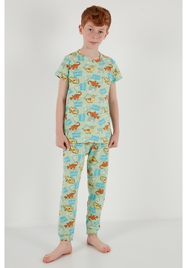 Lela Desenli % 100 Pamuk Bisiklet Yaka Erkek Çocuk Pijama Takımı 6651003 Mint