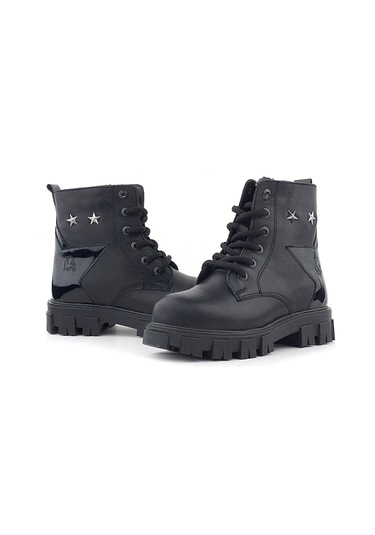 Rakerplus Siyah Bağcıklı Fermuarlı Metal Detaylı Kız Çocuk Bot Siyah