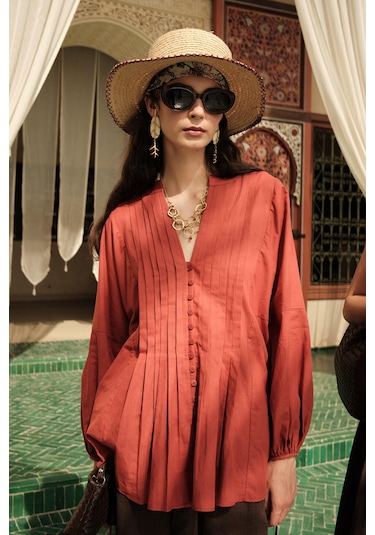 Manuka Nervür Detaylı Vual Tunik Turuncu