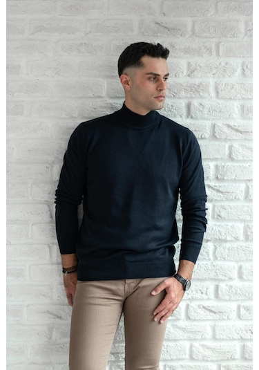 Brng Yarım Balıkçı Slimfit Likralı Erkek Kazak Lacivert