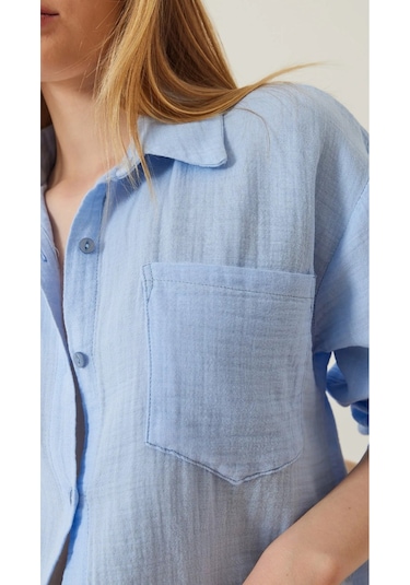 Kadın Oversize Basic Cepli Müslin Gömlek Mavi