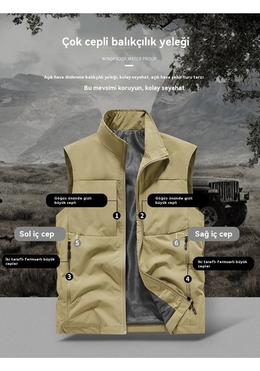 Büyük Boy Erkek Günlük Çok Cepli Nefes Alabilen Yelek Beyaz