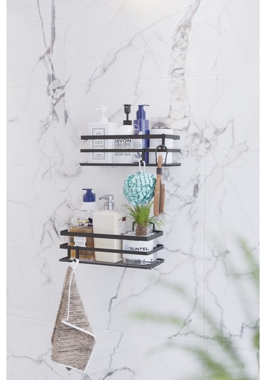 Suntel Yapışkanlı Ve Kancalı 2 Adet Banyo Rafı, Yapışkanlı Banyo Düzenleyici, Vidalama Yok Siyah