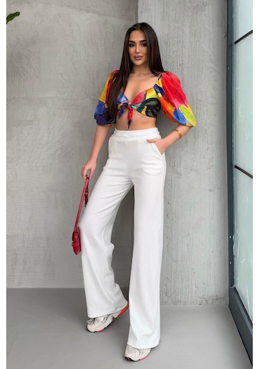 Kadın Ekru Yüksek Bel Bol Paça Kaşkorse Fitilli Cepli Pantolon Eşofman Altı Mtlcb104-ekru Ekru