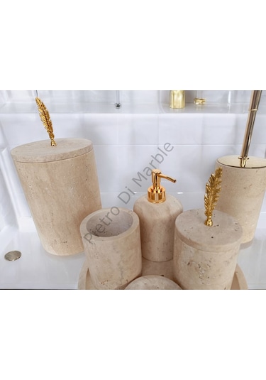 Sarı Traverten Klasik Model 7 Parça Gold Renk Kuş Tüyü Aksesuarlı Banyo Seti Sarı Traverten