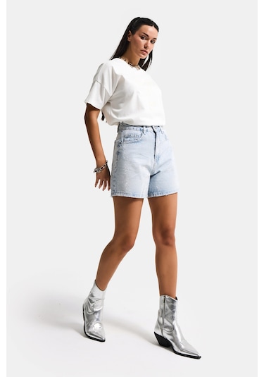 Itsbasic Kadın Ice T1-4s6-3 Mom Fit Parlak Taşlı Yıldız Baskılı Özel Tasarım Denim Şort Ice Rengi