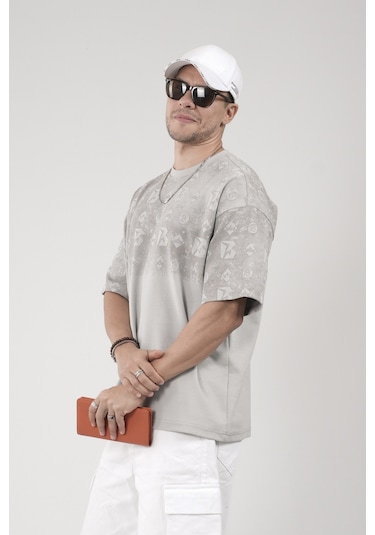 King-Brich Oversize Kalıp Logo Baskılı Bisiklet Yaka Basic Tişört Gri