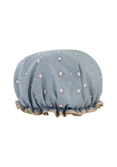 Duş Başlığı Şapka Çift Katmanlı Ev Banyo Aksesuarları Elastik Yeniden Kullanılabilir Banyo Yetişkin Sevimli Kedi Baskılı Karikatür Mavi