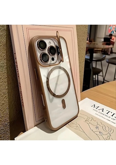 İphone 16 Pro Max Uyumlu Kılıf Klon Stantlı + Lens Korumalı Magsafe Telefon Kılıfı Bronz