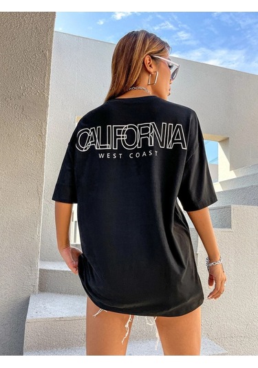 Kadın Siyah Oversiz California Baskılı Örme T-shirt Siyah