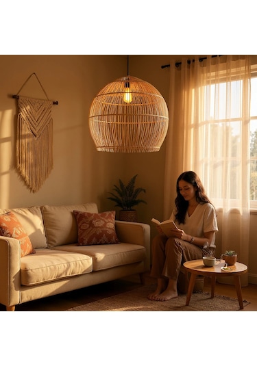 Balon Rattan Avize Saman Sarısı
