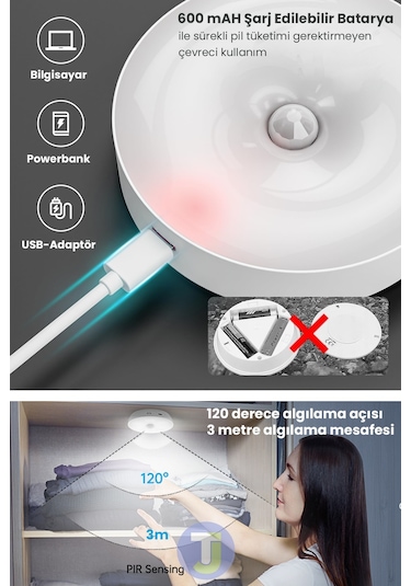 Technojet 3adet Akıllı Hareket Sensörlü Kumandalı Usb Şarj Kablosuz Spot Led Beyaz Işık Gece Lambası