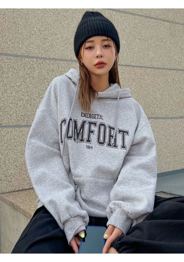 Altamira Unisex Gri Comfort Baskılı Oversize Kapşonlu Sweatshirt 001