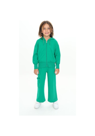 Toontoy Kız Çocuk Kapüşonlu Fermuarlı Fırfır Detaylı Eşofman Takım Çimen Yeşili