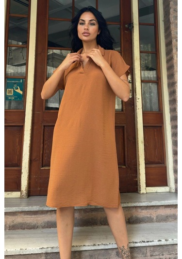 Taba Desenli Polo Yaka Rahat Midi Airobin Elbise Taba