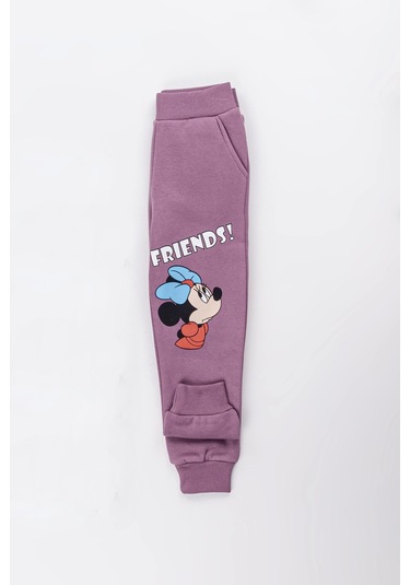 Kız Çocuk Minnie Mouse Baskılı 3 İplik Şardonlu Kışlık Sweat Ve Eşofman Alt Üst Takım Lila