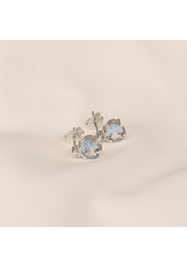 Altın Küpe - 14 Ayar Altın Oval Blue Topaz Taşlı Tektaş Küpe Sarı