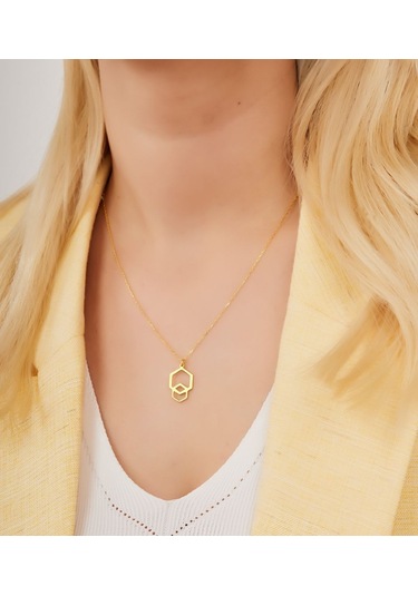 Dkmn Gümüş İç İçe Altıgen Kolye 925 Ayar Kadın Gümüş Kolye