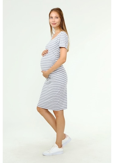 Luvmabelly Myra5331 - Hamile Elbisesi Çizgili - Gri-gri