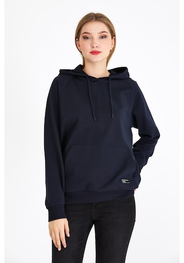 Comeor Kadın Lacivert Basic Kapüşonlu Regular Fit Rahat Sweatshirt 001