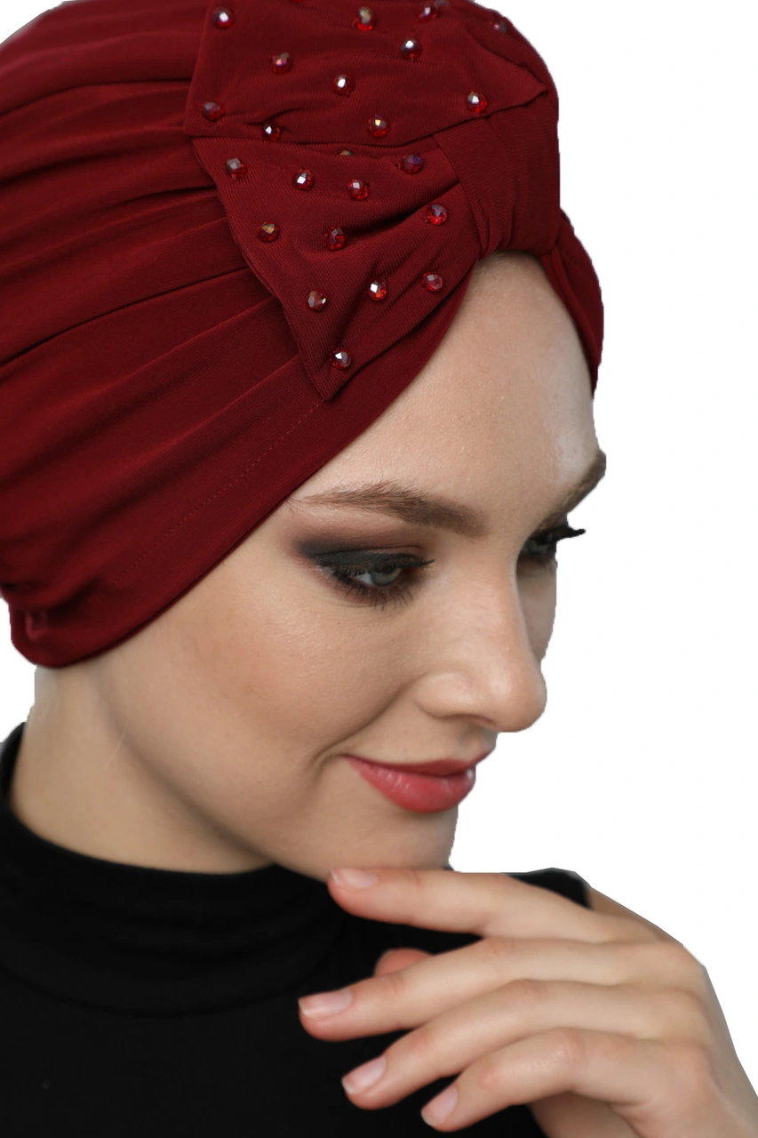 Kristal Yelpaze Taş Işlemeli Çift Taraflı Astarlı Bordo Hazır Türban Tesettür Abiye Bone Bordo