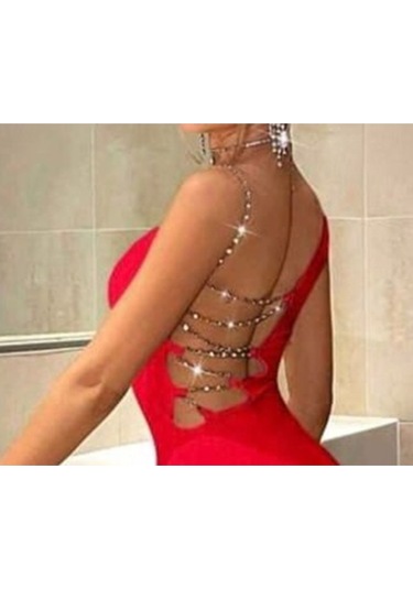 Tek Omuzlu Taşlı Zincir Detaylı Sırt Dekolteli Mini Elbise Kırmızı