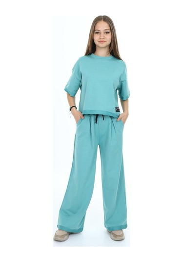 Kız Çocuk %100 Pamuk Oversize Yarım Kol Alt-üst Eşofman Takım-eşt-0012 Yeşil