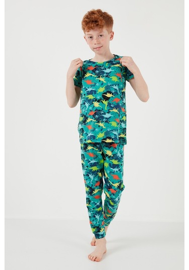 Lela Desenli % 100 Pamuk Bisiklet Yaka Erkek Çocuk Pijama Takımı 6651003 Yeşil