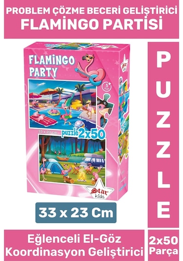 Premium Eğlenceli El Göz Koordinasyon Beceri Geliştirici Çocuk 2x50 Parça Puzzle Flamingo Partisi