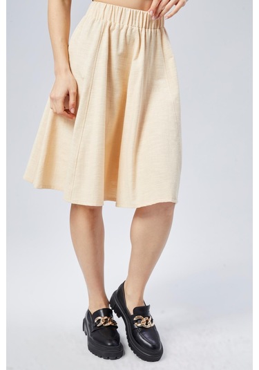 Nurören Flamlı Keten Midi Boy Kloş Etek-ekru-999 Ekru