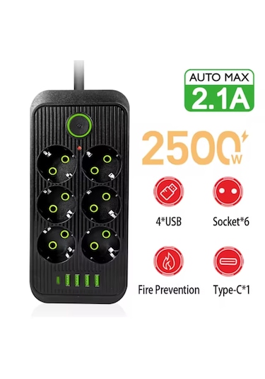 6 Lı Priz 6 Soket 220v 4usb 5v2.1a 1 Pd 2.1a Şarj Çoklu Priz