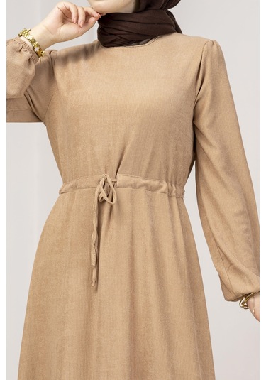 Beli Tünelli Fitilli Aslı Elbise-vizon-5464 Vizon