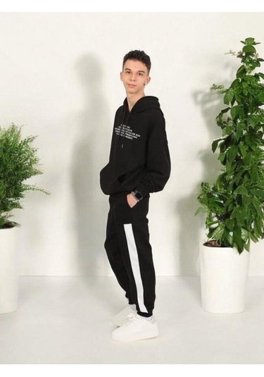 Erkek Çocuk Yazılı Kapüşonlu Sweatshirt-15238 Siyah