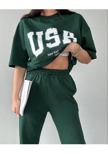 Usa T-shirt Eşofman Altı Jogger- Yeşil Baskılı Alt Üst Eşofman Takım Oversize Bisiklet Yaka Yeşil